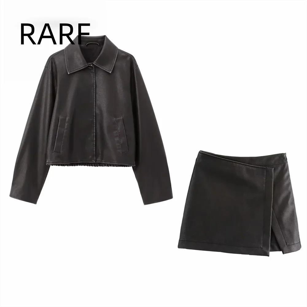 2024 Autumn/Winter New Product: Imitation Leather Single breasted Collar Long sleeved Jacket Skirt and Pants Set