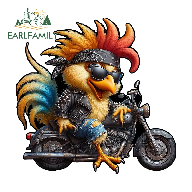 EARLFAMILY Rock Rooster Riding Cartoon Car Stickers Occlusion Scratch Luggage Motorcycle Windows Decals Personality Car Goods