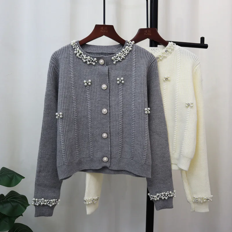 [EWQ] Sweet Casual Style Pearls Design Single Breasted Knitted Cardigan Sweater Beautiful Women Clothing 2024 Autumn New 16O1290