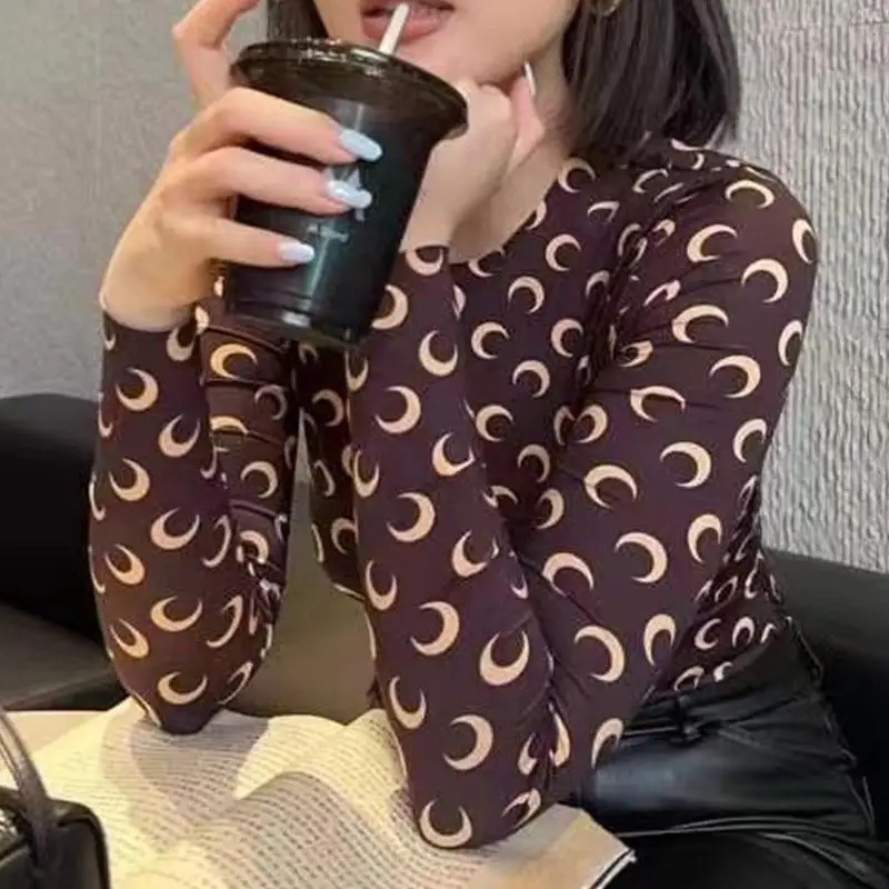 Frau Kleidung Koreanische Mond Druck Langarm T-Shirt Mode Lässig Layered Sonnenschutz Top Eis Seide Basic Tee Frühling Herbst