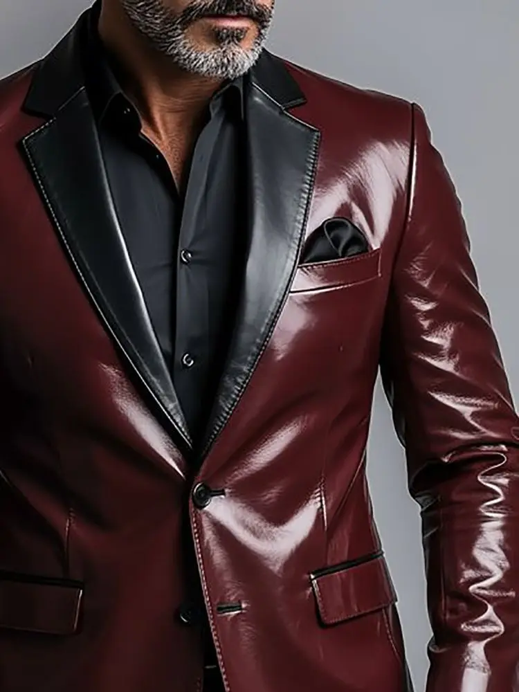Men’s Pu Leather Business Blazer Peak Lapel Single-breasted Elegant Long Sleeves Formal Office Faux Leather Wedding Guest Jacket