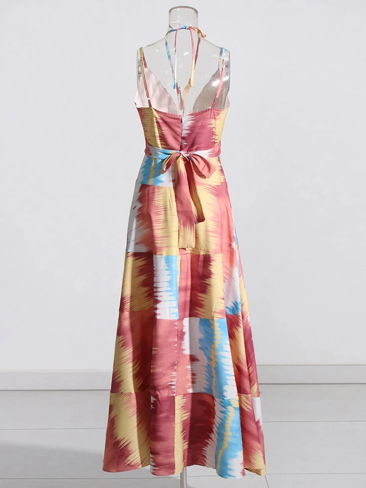 CHICEVER Hit Color estampado vestidos de mujer Halter sin mangas de cintura alta sin espalda empalmado encaje hasta vestido de fiesta Sexy moda femenina