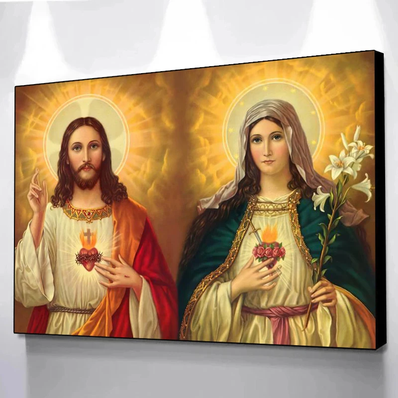 Mary and Jesus Sacred Heart Poster HD Print Canvas Painting Catholic Fresco Christianity Wall Art Picture Living Room Home Decor