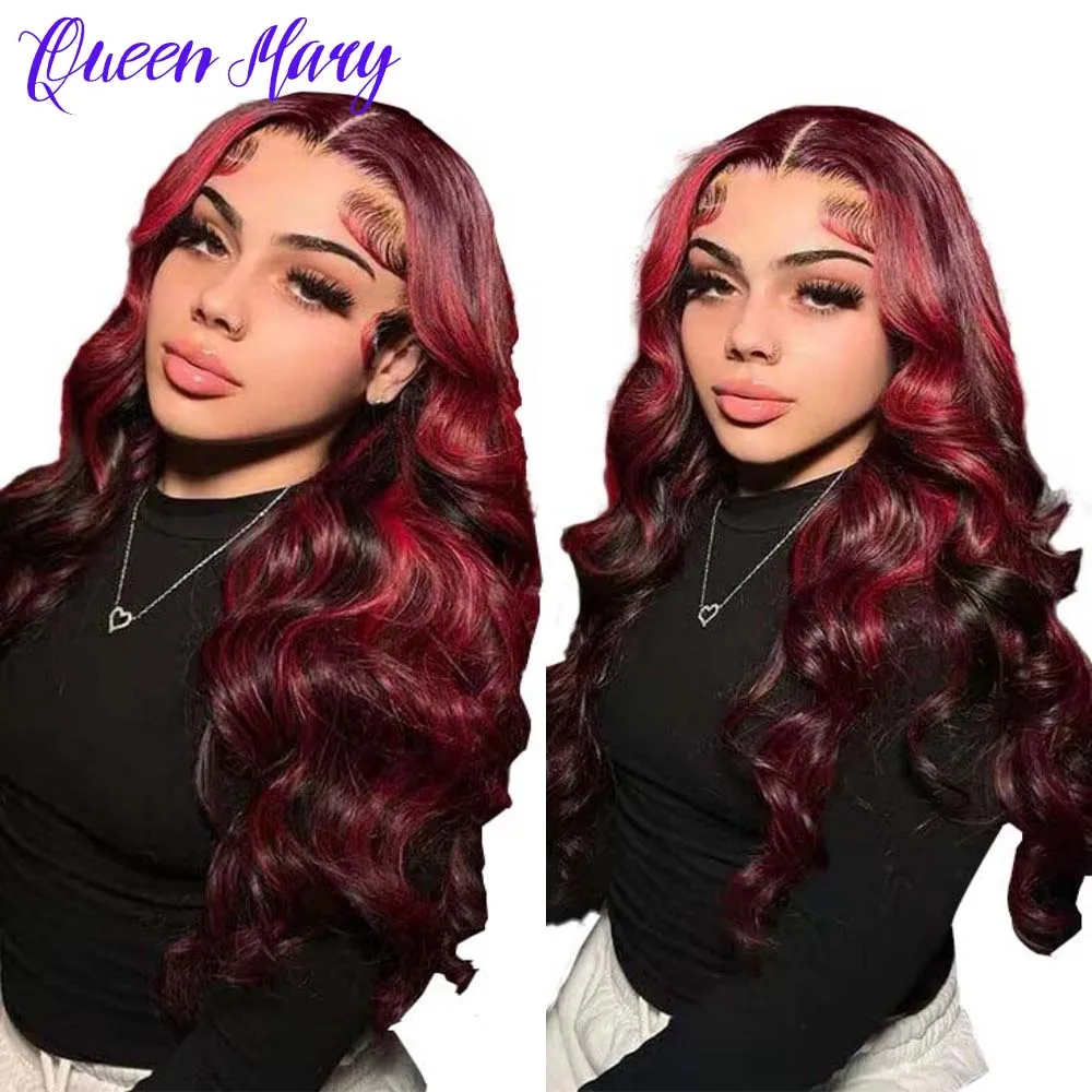 

30 Inch 99j Burgundy 13x4 Body Wave Transparent Lace Front Wigs Human Hair Pre Plucked 200 Density Red Wigs With Baby Hair