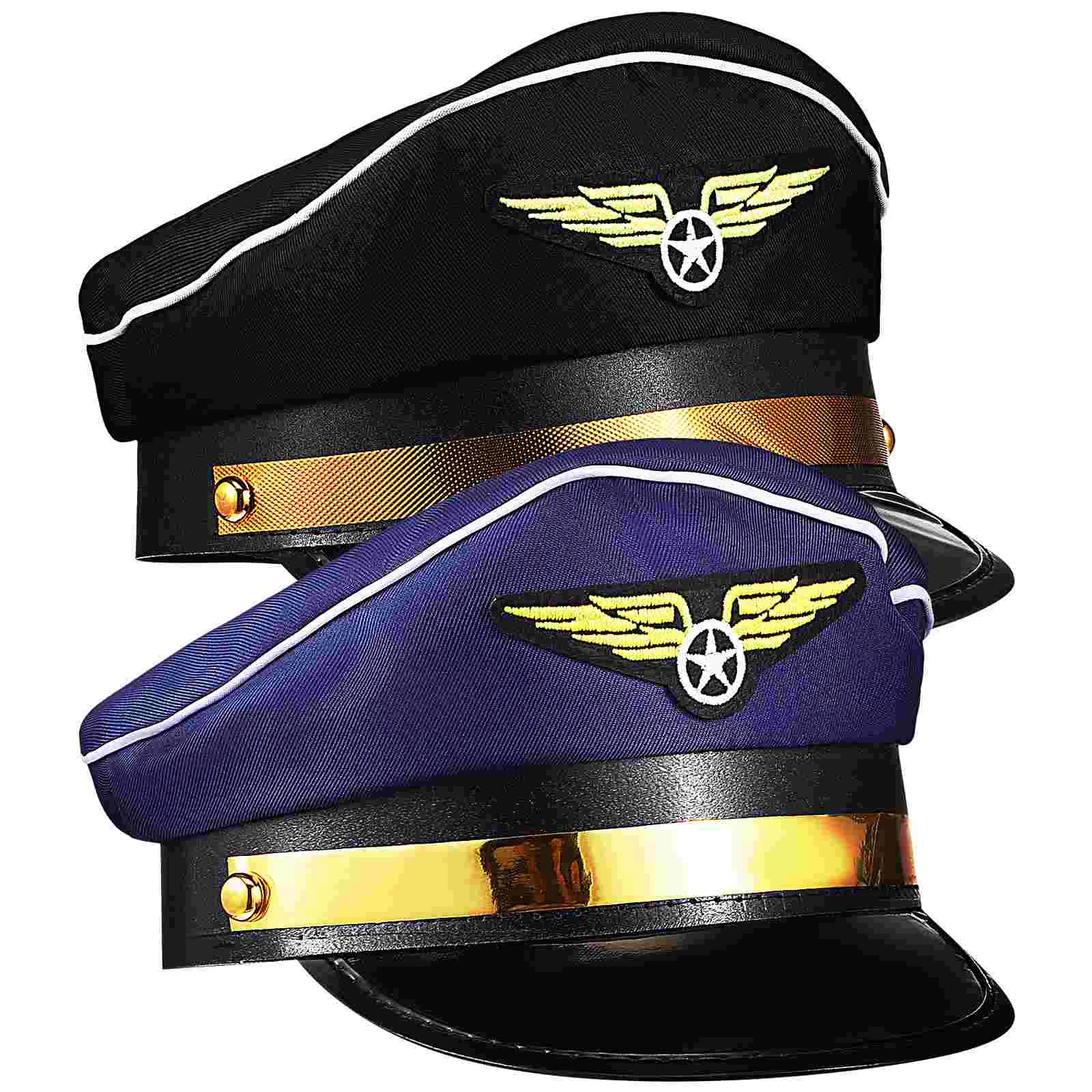 2 Pcs Boat Hat Flight Attendant Pilot Aerospace (Blue + Black) 2-pack Cap Polyester Captain