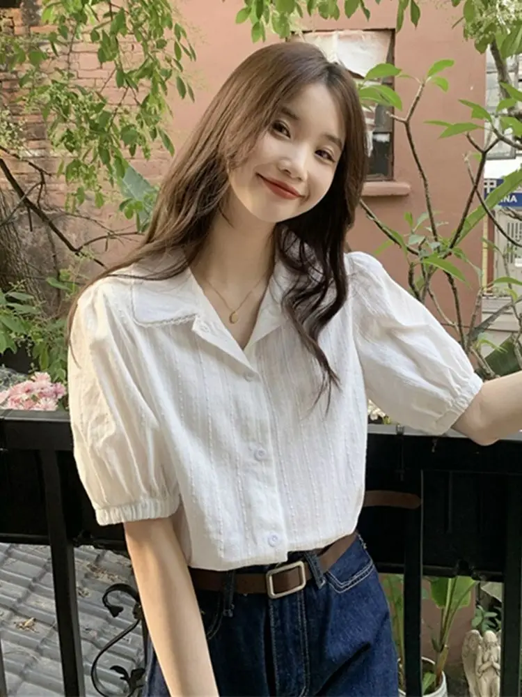 

Short Sleeve Shirts Womens Lace Stand Collar Slim Fit Pintuck Top School Romantic Sweet Preppy Girly College Young Student Look