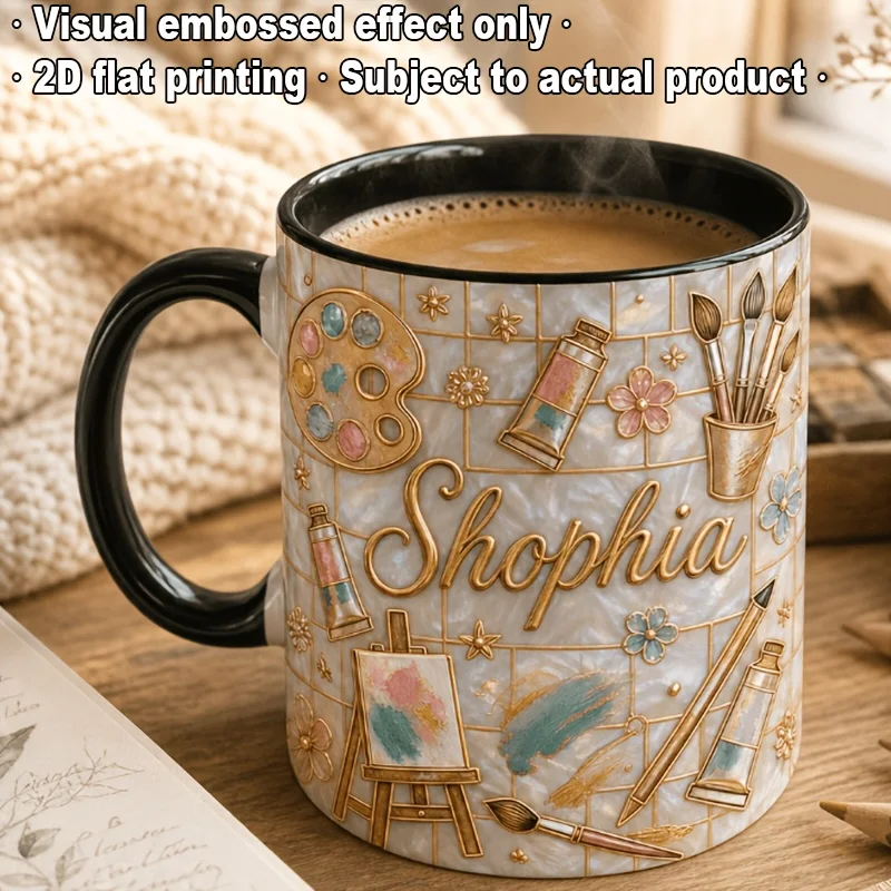 Custom 11oz White Ceramic Mug with Black Rim Handle Gold Foil Lettering Pearl Easel Palette Print Gift for Artist Teacher