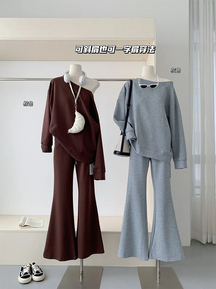 Korean Style Outfits 2 Piece Pants Sets Y2k Simple O-Neck Long Sleeve Loose Tops + Women New High Waist Design Slim Bell Bottoms