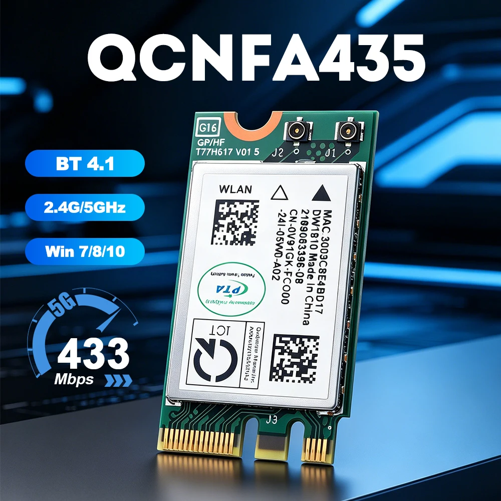  Fenvi QCA9377 M.2 Wireless WiFi Card Dual Band 2.4G/5GHz BT4.1 QCNFA435 802.11AC Wireless Adapter for PC Laptop Window 7/10/11