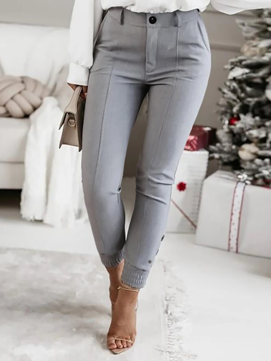 Best Selling Korean Style Women High Waist Pants Elegant Office Lady Slim Fit Cuffed Ankle Trousers with Button Detailed Hem