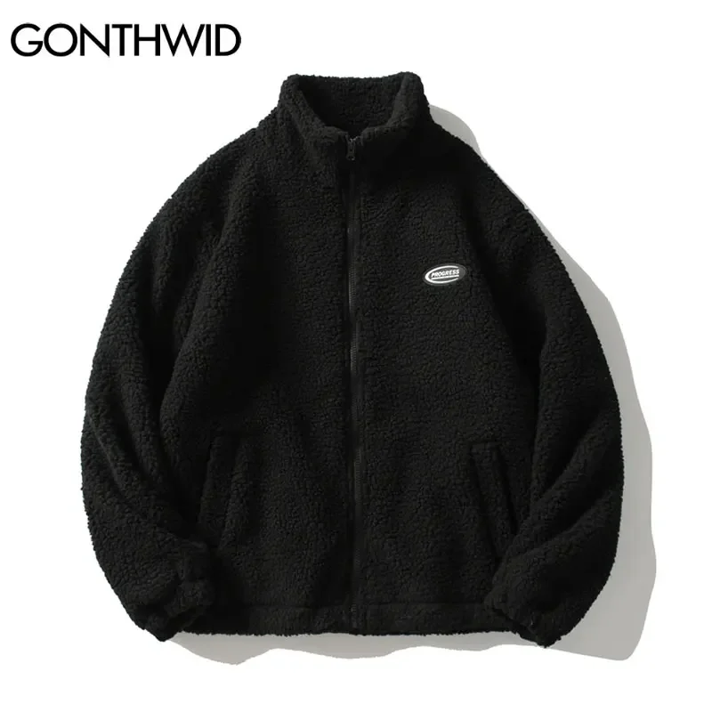 GONTHWID Harajuku Streetwear Fleece Jackets Solid Color Casual Loose Full Zipper Coats Hip Hop Winter Fashion Loose Warm Tops