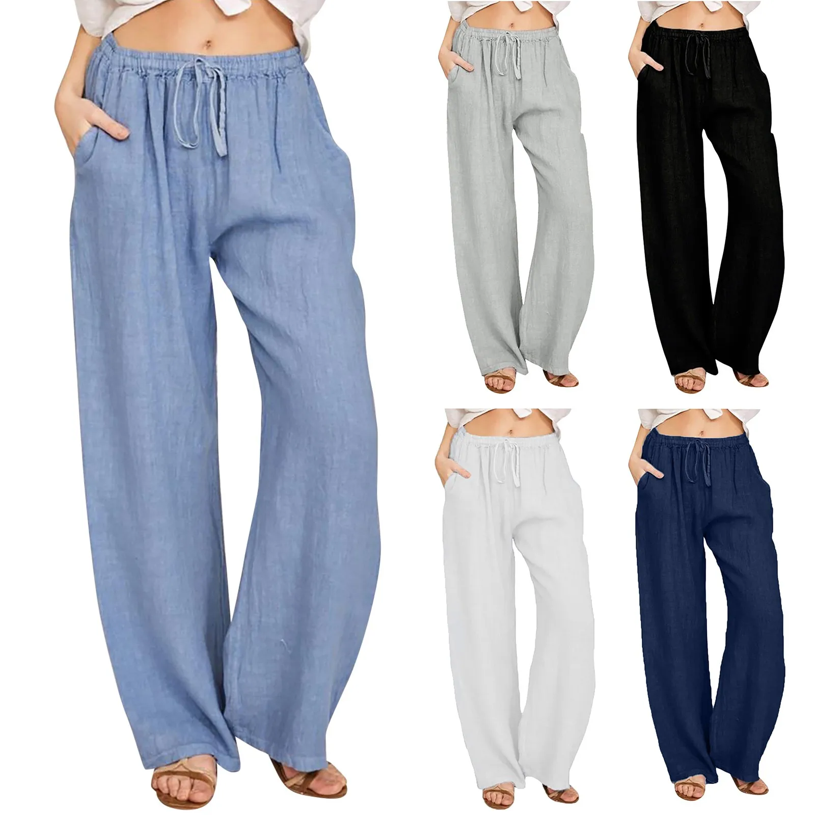 Calça de linho de algodão monocromática feminina, cintura alta, perna larga, casual, solta, respirável, elástica, larga, reta, moda verão