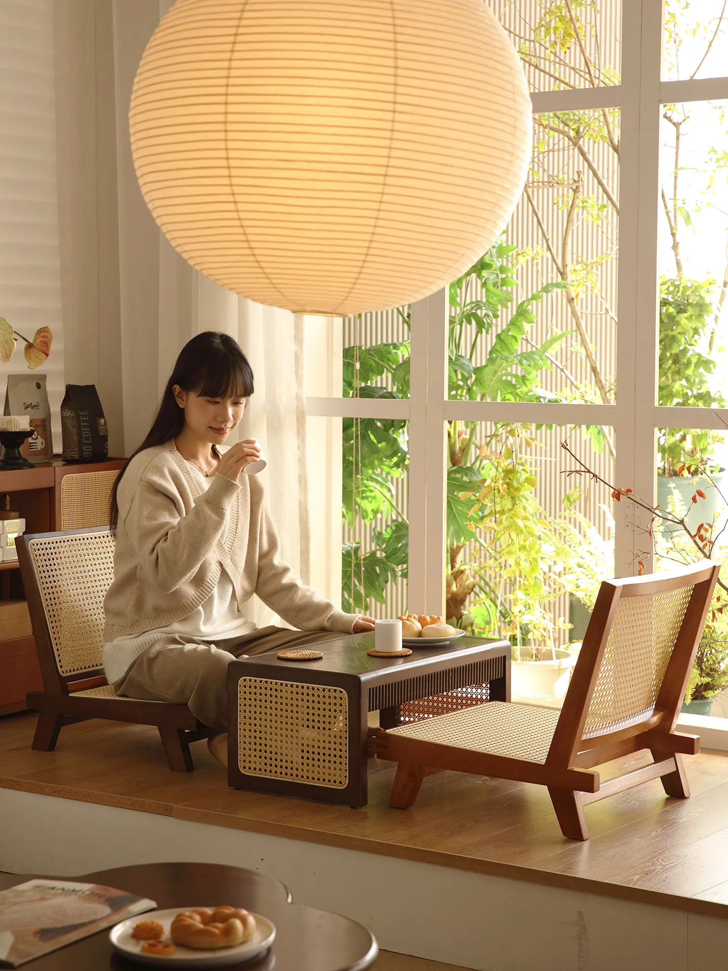 Original Solid Wood Chinese Retro Bay Window Tatami Rattan Seat Wabi Sabi balcony Single Sofa Backrest Tea Room Low Stool