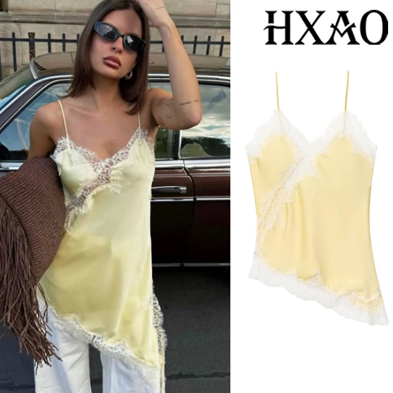HXAO Woman Lace Top Summer Sleeveless Camisole Yellow Top Female Backless Sexy Black Crop Top With Straps Asymmetrical Slip Tops