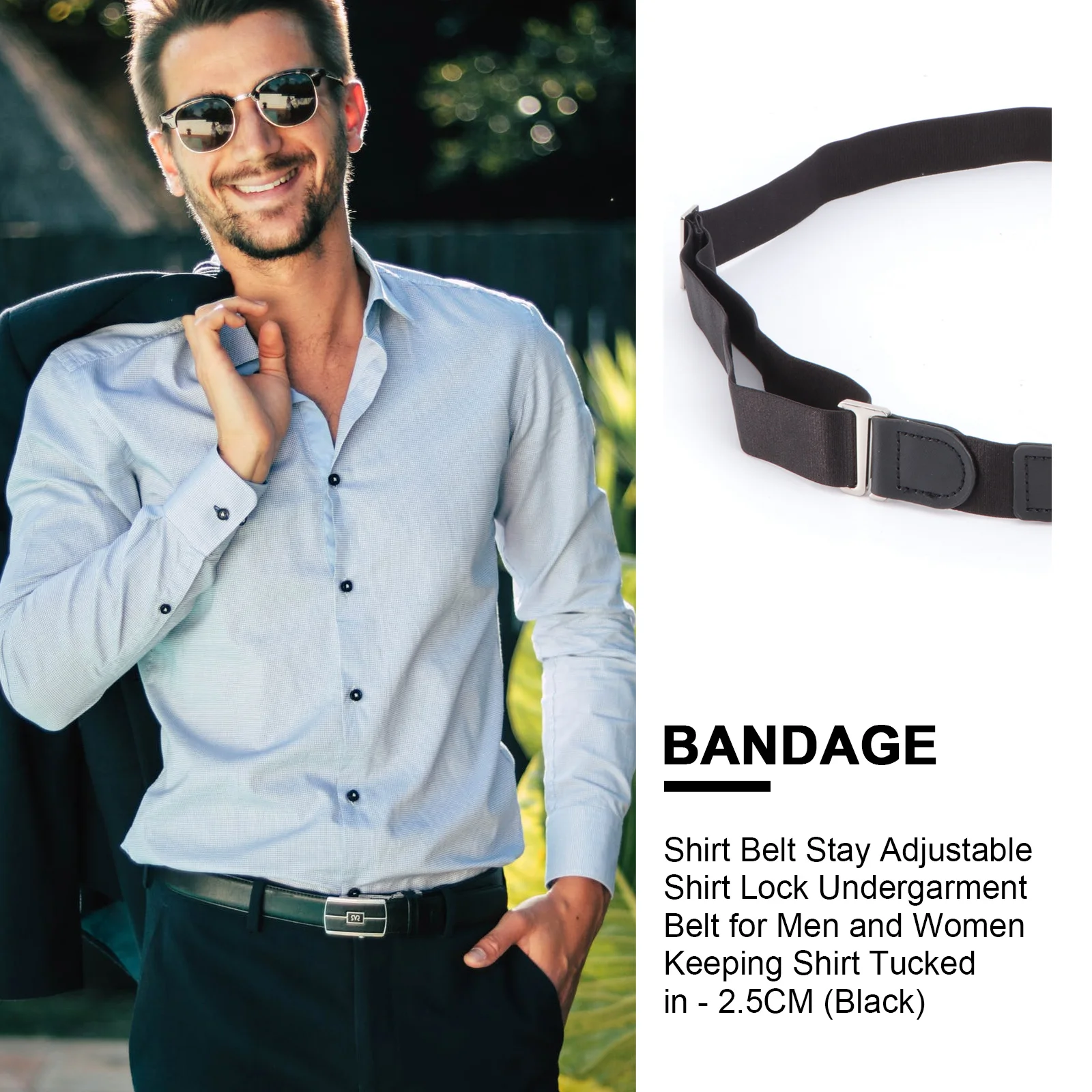 Cinturón de camisa de 2,5 cm, cinturón elástico duradero para ropa interior con cierre de camisa para hombres y mujeres, fijación antideslizante antiarrugas