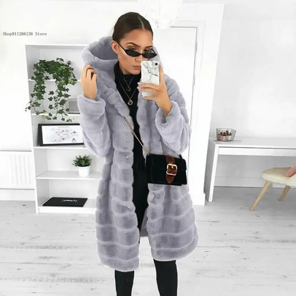 Autumn and Winter European and American Black Loose Korean Version Plush Thick Hooded Imitation Mink Fur Coat for Women
