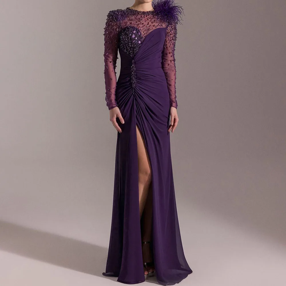 

Customized A-Line Prom Dresses Floor-Lenght O-Neck Full Sleeve Evening Gown Fashion Crystal Tassel Side Split Draped Party Gown