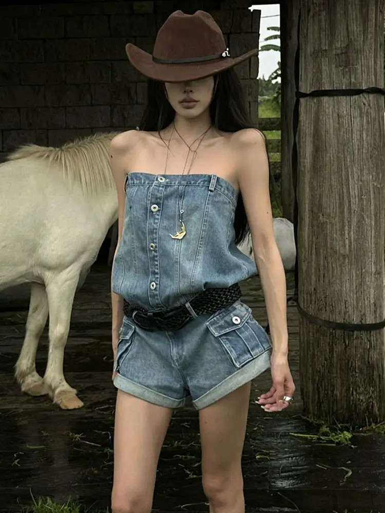 

American Vintage Sexy Denim Romper Women Streetwear Bodycon Y2k Retro Short Jeans Distressed Washed Patchwork Spring Summer