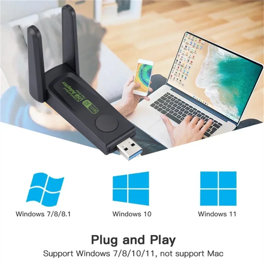 Adaptador USB WiFi de 1300Mbps, Dongle Wi-Fi de doble banda 2,4G + 5Ghz, 5 antenas 802.11AC USB3.0, receptor de tarjeta inalámbrico de alta velocidad, PC y portátil