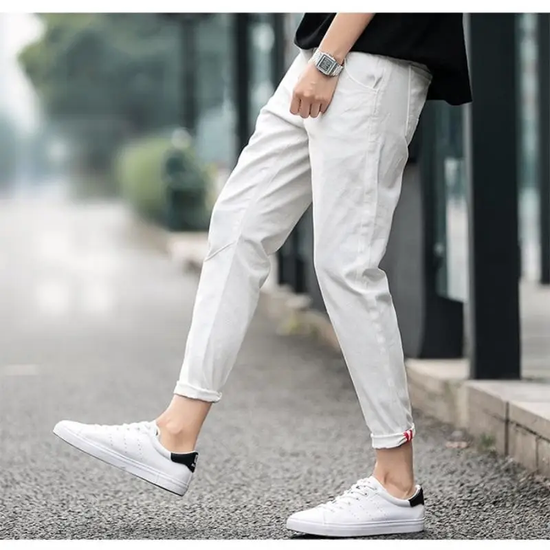 Men Pants Spring Summer Autumn  Casual Slim  Elastic Long Ankle Length Trousers Chinos Slacks Black Blue Grey White