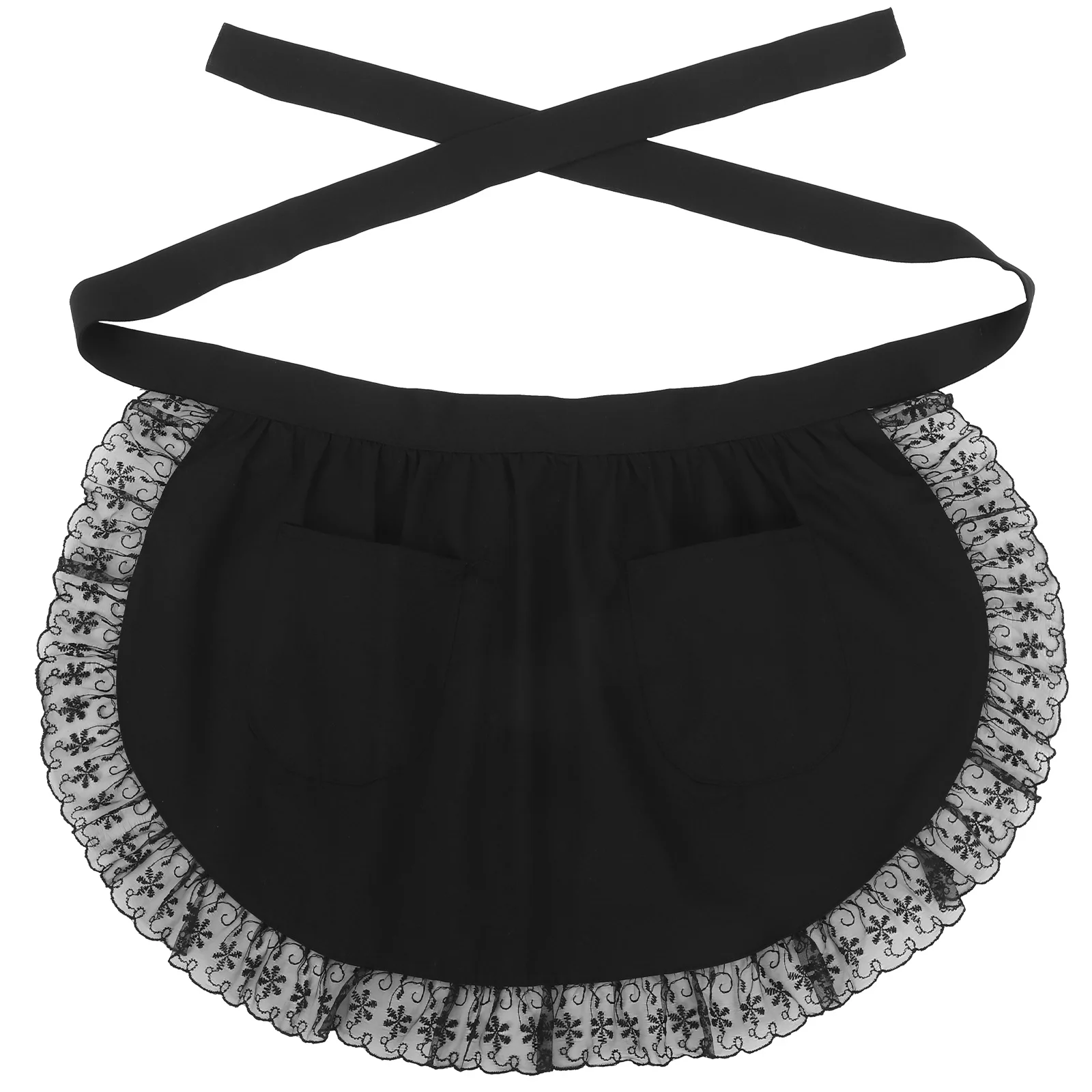 

Retro Lace Half Apron Maid Cosplay Kitchen Cooking Waist Apron with Pockets Waitress Server Supplies Women Use Aprons