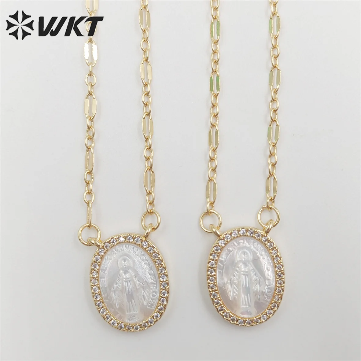 WT-JN218 WKT Newest Exclusive Design Micropave Cubic Zircon MOP Shell Miraculous Religious Necklace Lady Of Guadalupe ACC