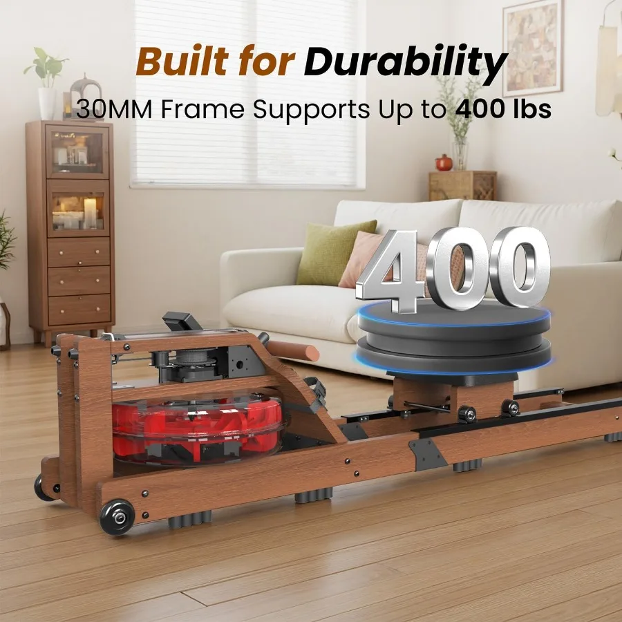 آلة تجديف مائية قابلة للطي للتدريب على اللياقة البدنية المنزلية مع شاشة مدمجة بسعة وزن 400 رطل ومقعد مريح وأزرق