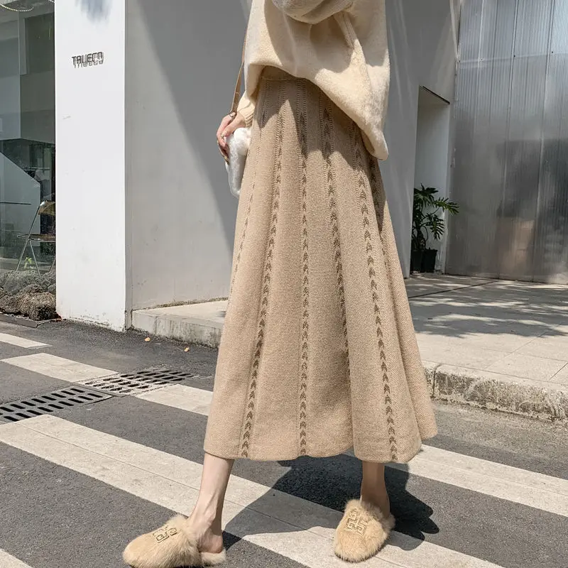 

Korea Women'S Skirt Autumn And Winter New Elastic High Waist A-Line Large Swing Skirt Ladies Mid Length Pleated Skirt