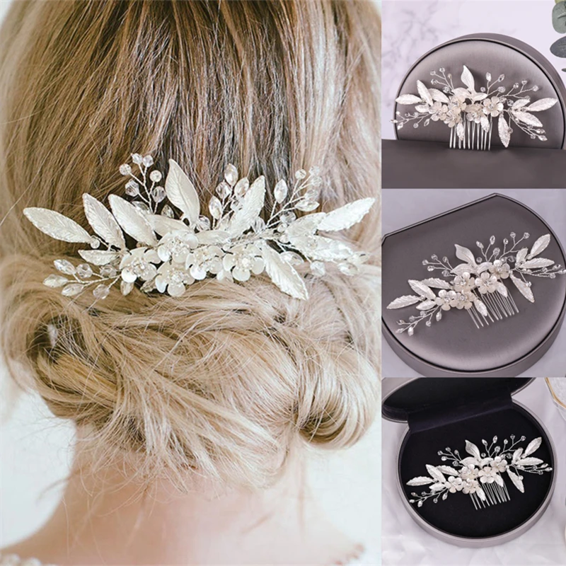 Silver Color Crystal Leaf Flower Hair Comb Band For Women Bride Bridal Wedding Hair Accessories Jewelry Comb Headpieces Gift