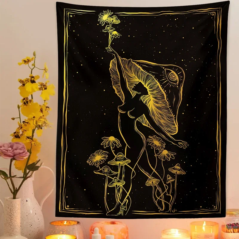 Psychedelic Mushroom Woman Tapestry Wall Hanging Mental Health Art Hippie Decor Fungi Woman Bohemian Feminine Tapestry