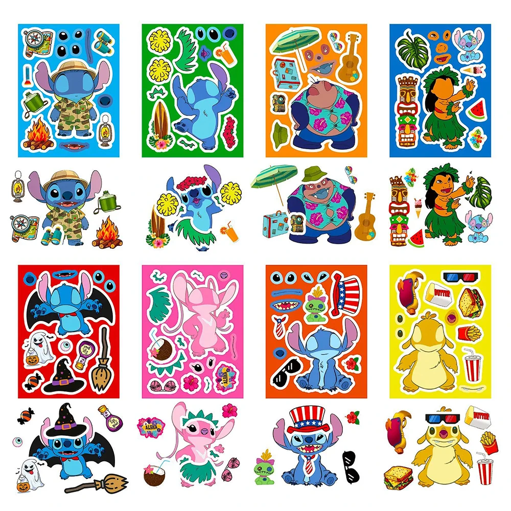 

8/16sheets Disney Anime Stitch Make a Face Puzzle Stickers Children DIY Fun Assemble Jigsaw Cartoon Decal Toy for Kid Party Gift