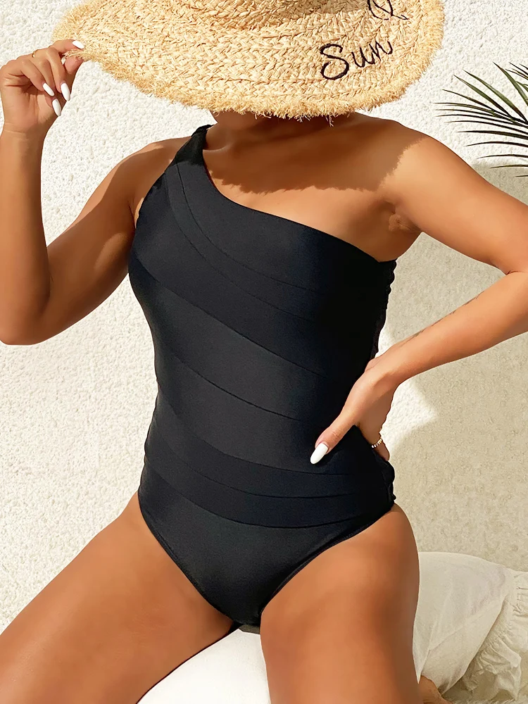 Stroje kąpielowe damskie jednoczęściowy strój kąpielowy 2023 nowe solidne czarne jedno ramię Monokini Sexy Backless strój kąpielowy kobiece body