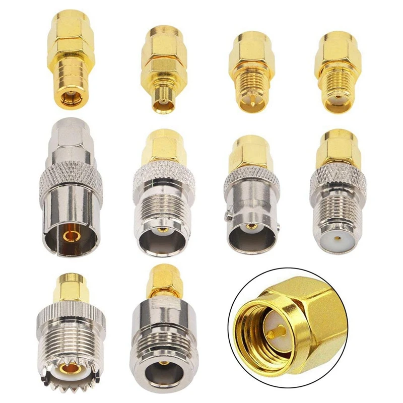 10 Type Set SMA Adapter Kits SMA Male To N/F/BNC/UHF/MCX/SMB/TV/TNC Female Straight Nickel Gold Plated Test Converter