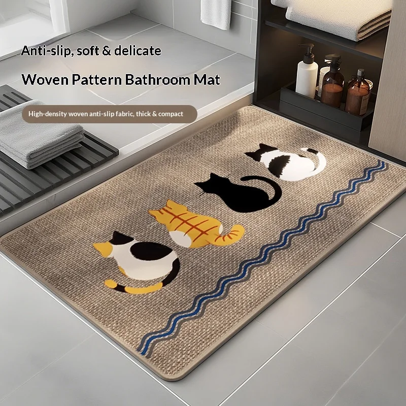 Cute Cartoon Bathroom Mat Absorbent Dirt Resistant Anti-Slip Linen Woven Print Foot Pad for Kitchen Or Bathroom Decor