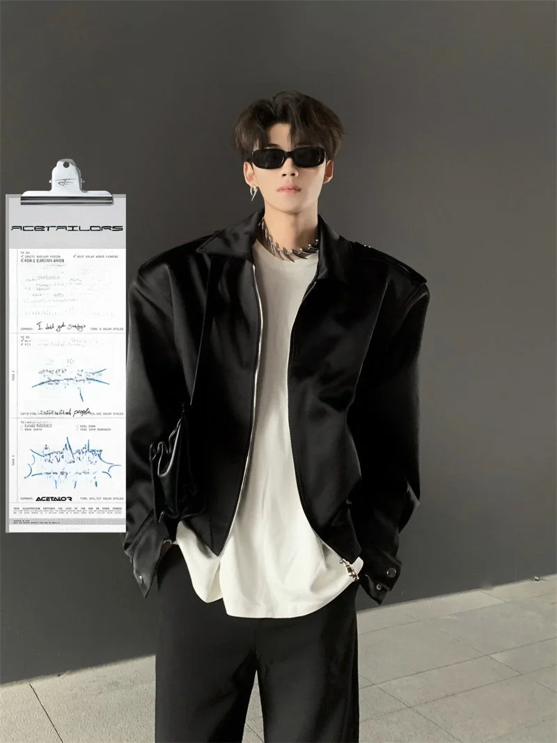 Ace Tailors Minimalist Design Silk Satin Shoulder Pad Jacket Men's Short Style Cleanfit High-End Feeling Outerwear Polyester