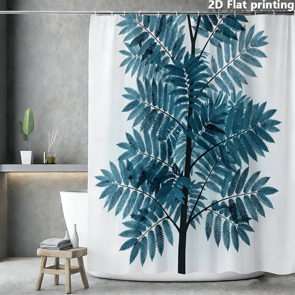 

2D-шторка для душа с плоским принтом – синий растительный узор с листьями дерева, полиэстер, с люверсами, водостойкая