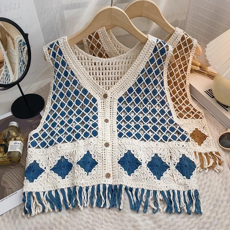 

Vintage Contrast Color Boho Style Crochet Fringe Vest Women V-neck Sleeveless Summer Short Jacket Hollow Out Cover Ups Cardigan