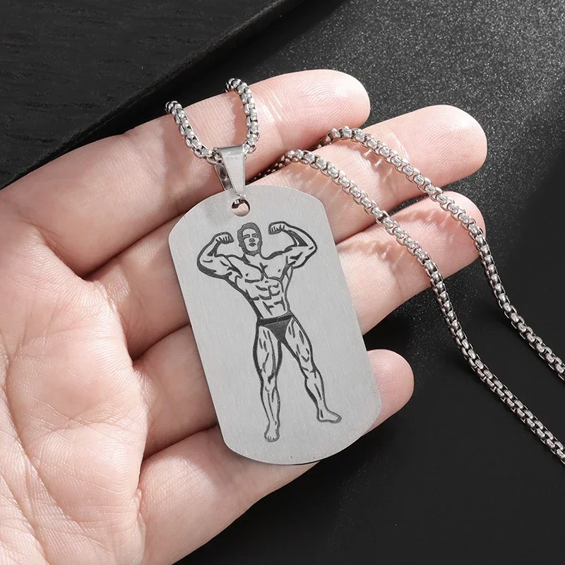 Stainless Steel Carving Muscular Men Glossy Pendant Necklace Men and Women Fashion Sports Inspirational Jewelry Gift