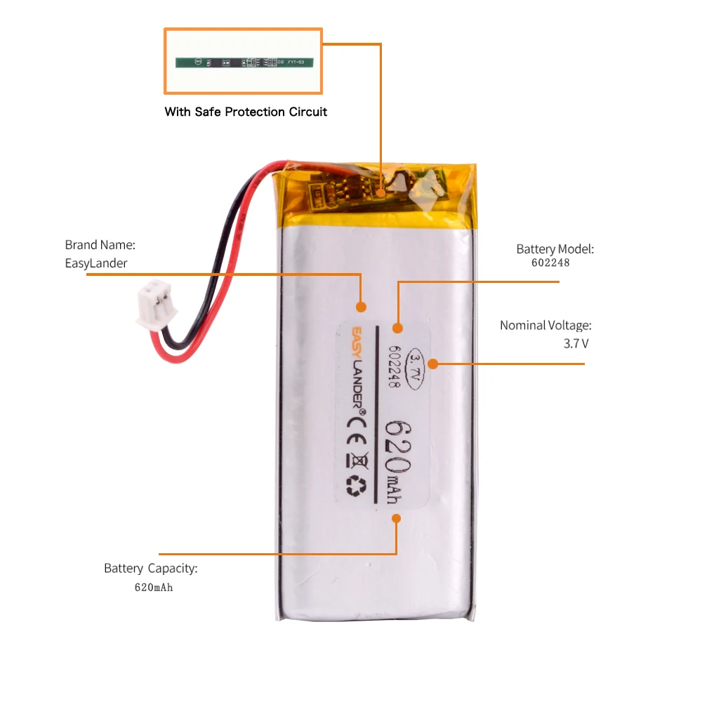 JST 1.25mm 2 pin  602248 3.7V 650mAh Lithium Polymer Li-Po Rechargeable li ion Battery