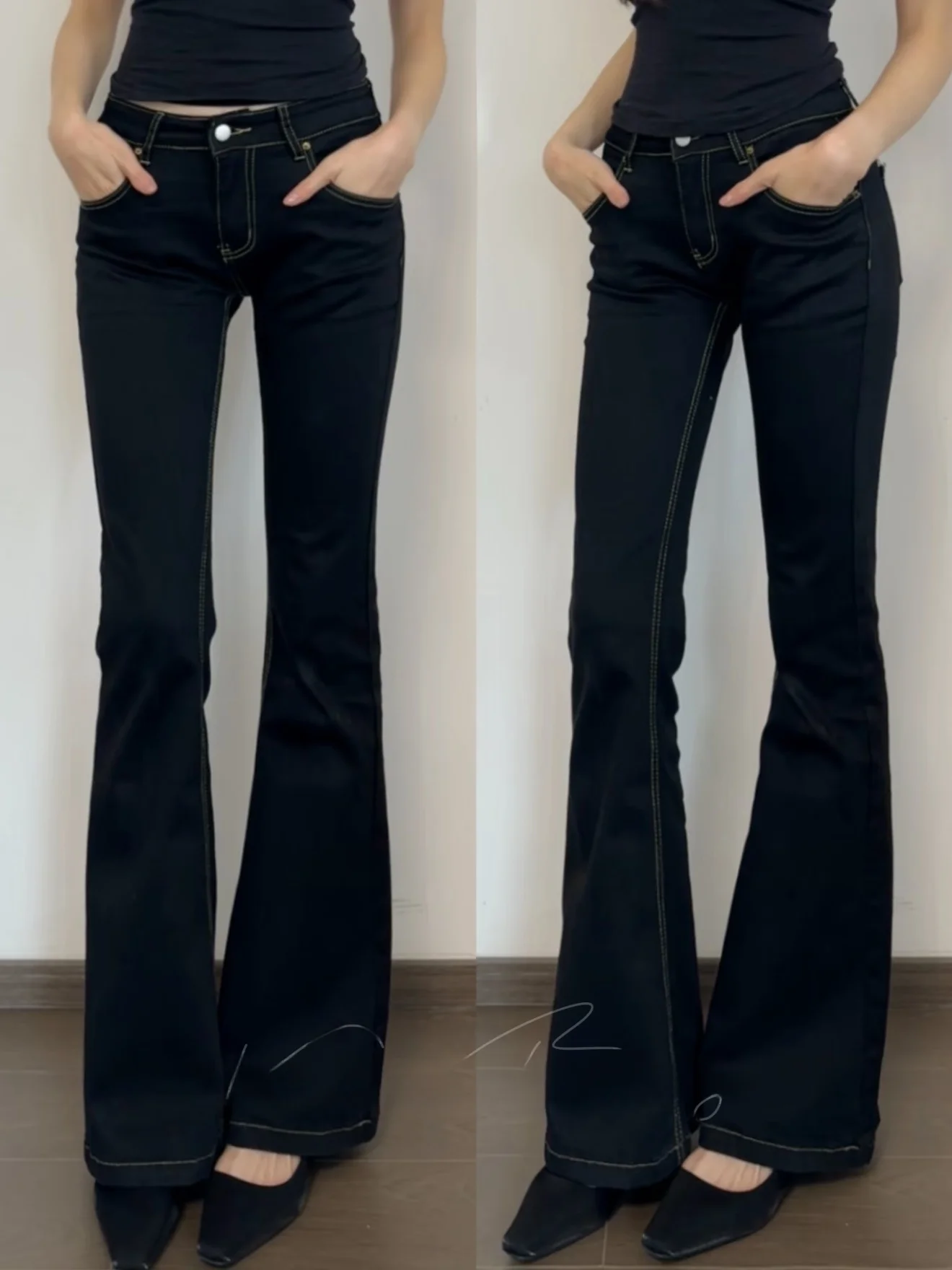 

Millennium Retro Low Waist Slimming Stretchy Women's Original Black Denim Jeans Fashionable Bell Bottom Cotton Elastic