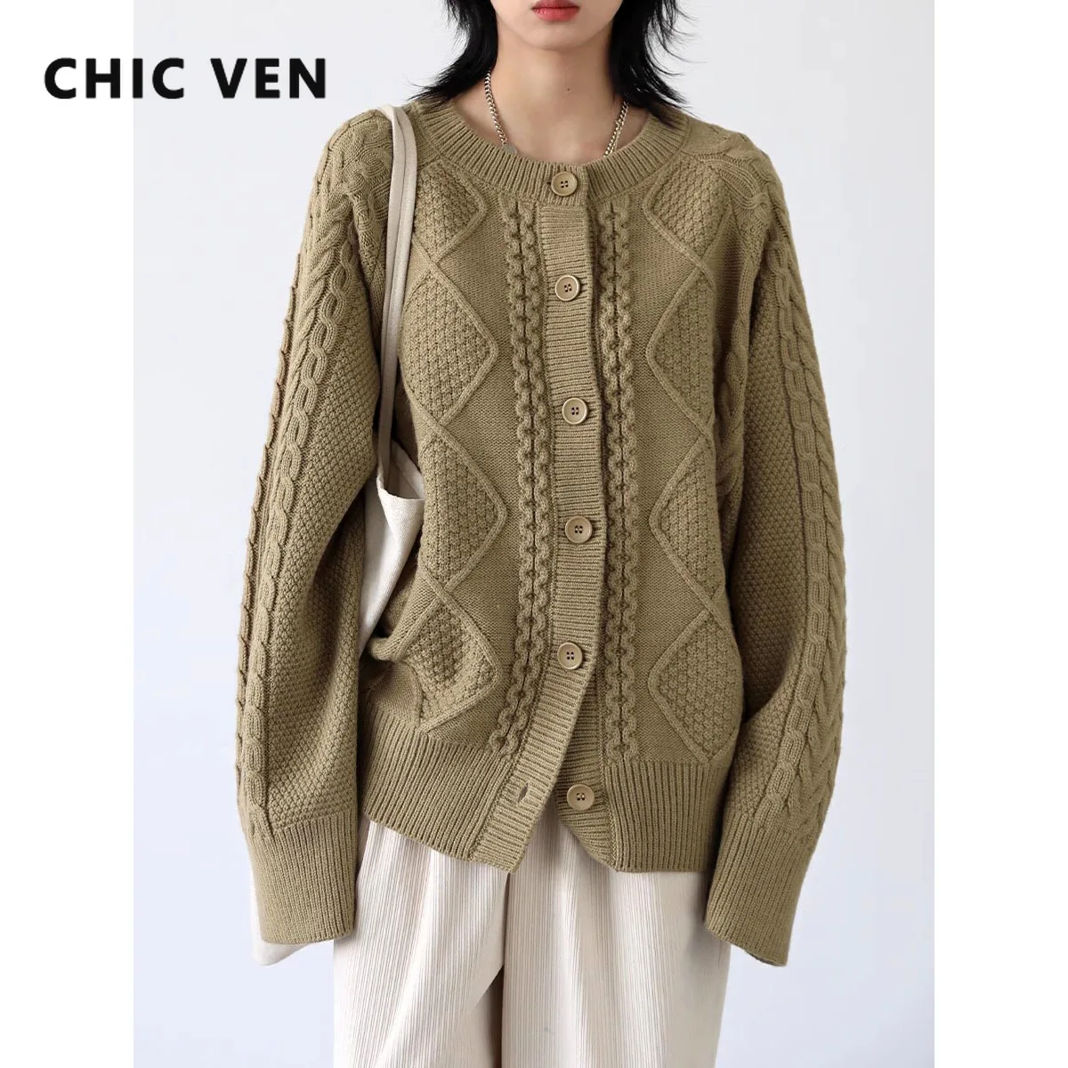 CHIC VEN Women Cardigan Casual Loose Twisted O Neck Long Sleeve Sweaters Thick Warm Female Tops Overcoat Autumn Winter 2023