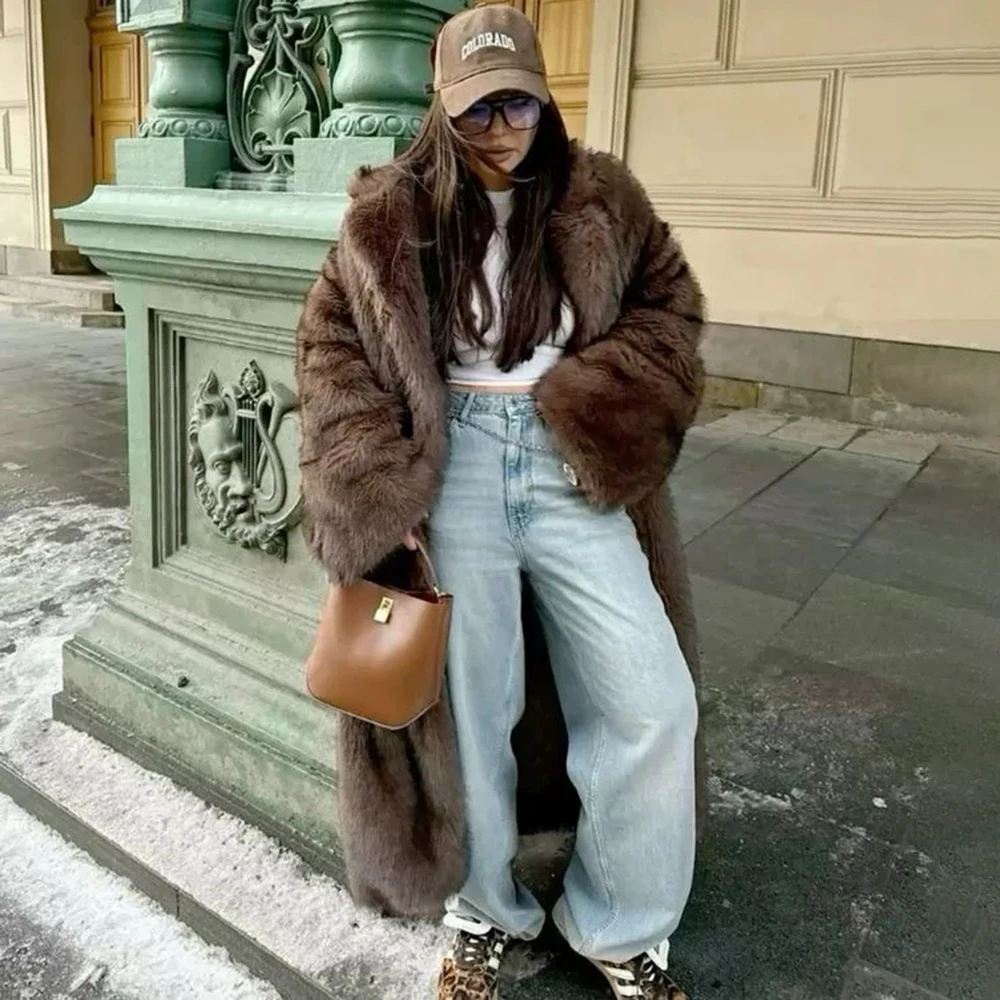 Tuularose Vintage Solid Women Faux Fur Coat Fashion Full Sleeve Cardigan Warm Fluffy Plush Overcoat Winter Lady Street Outerwear