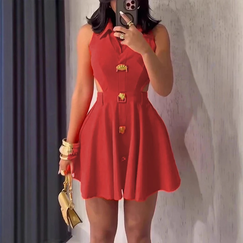 Summer Solid Color High Waist Pleated Dresses Office Lady Lapel Button A-line Dress Sexy Hollow Out Sleeveless Slim Short Dress - Image 5