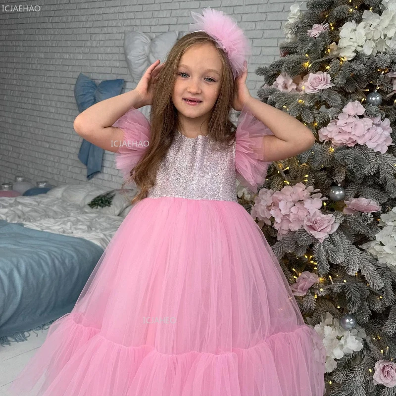 2026 New Pink Tulle Girls Dress Princess Gown KidsChildren Birthday Costume Eid Gifts Clothing Formal Party Celebration Evening