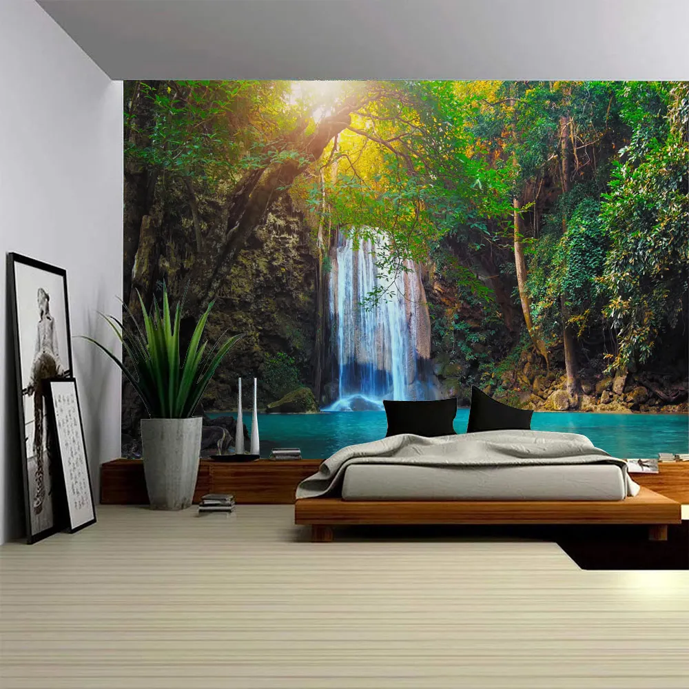

Beautiful natural landscape tapestry Bohemian Datura home decoration background cloth forest waterfall printing large tapestry