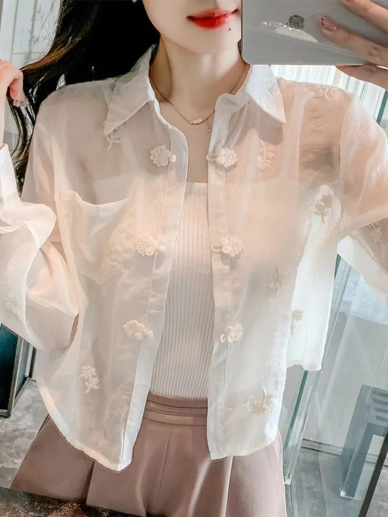 

Gothiscyn Chinese Style Chiffon Shirt Women's Summer Turn-down Collar Long-sleeved Embroidered Short Top Fashion Female Clothes