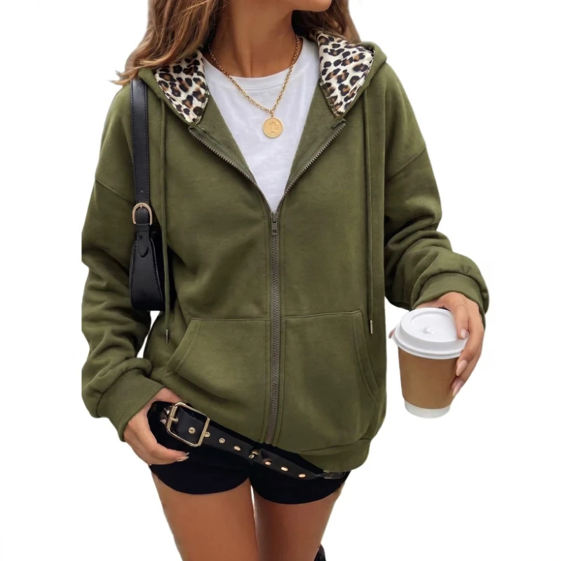 2026 Autumn and Winter New Hot Selling Zipper Hooded Long Sleeved Patchwork Leopard Print Hoodie for Women