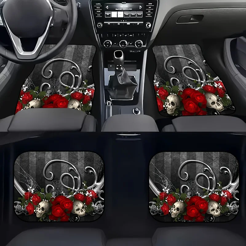 

4pcs Universal Car Floor Mats, Retro Skull And Rose, Polyester Fiber, With Protection Carpet For SUV, Truck