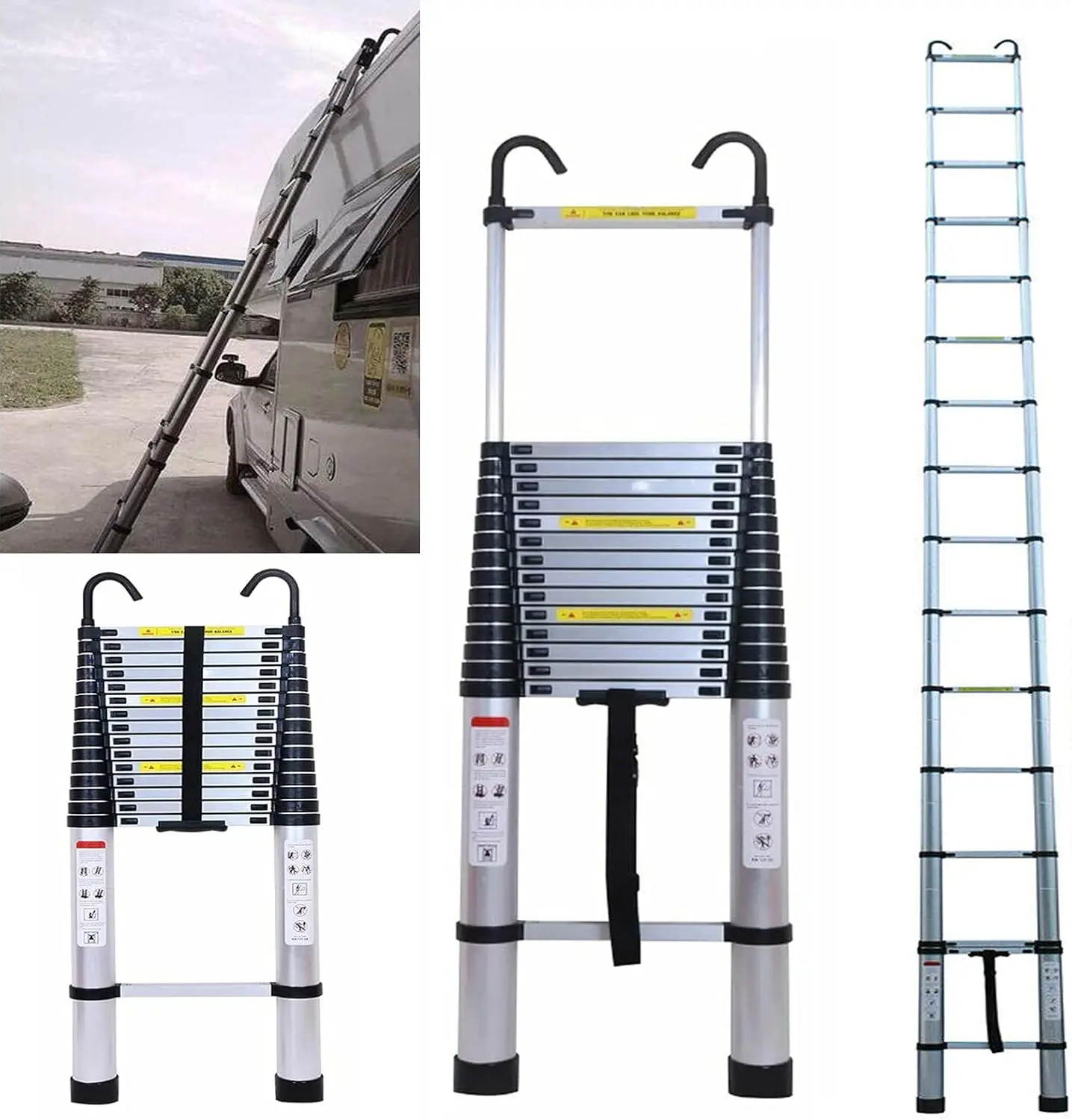 Telescoping Ladder 20FT Extension with 2 Detachable Hooks Aluminum Telescopic Ladder Collapsible Fully Extended