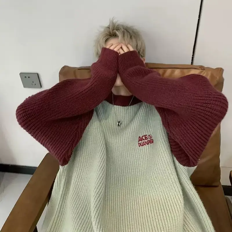 

Men's Oversized Knitwear Sweater American Retro oulder Sve round Ne Loose College Sle Outerwear for Autumn Winter